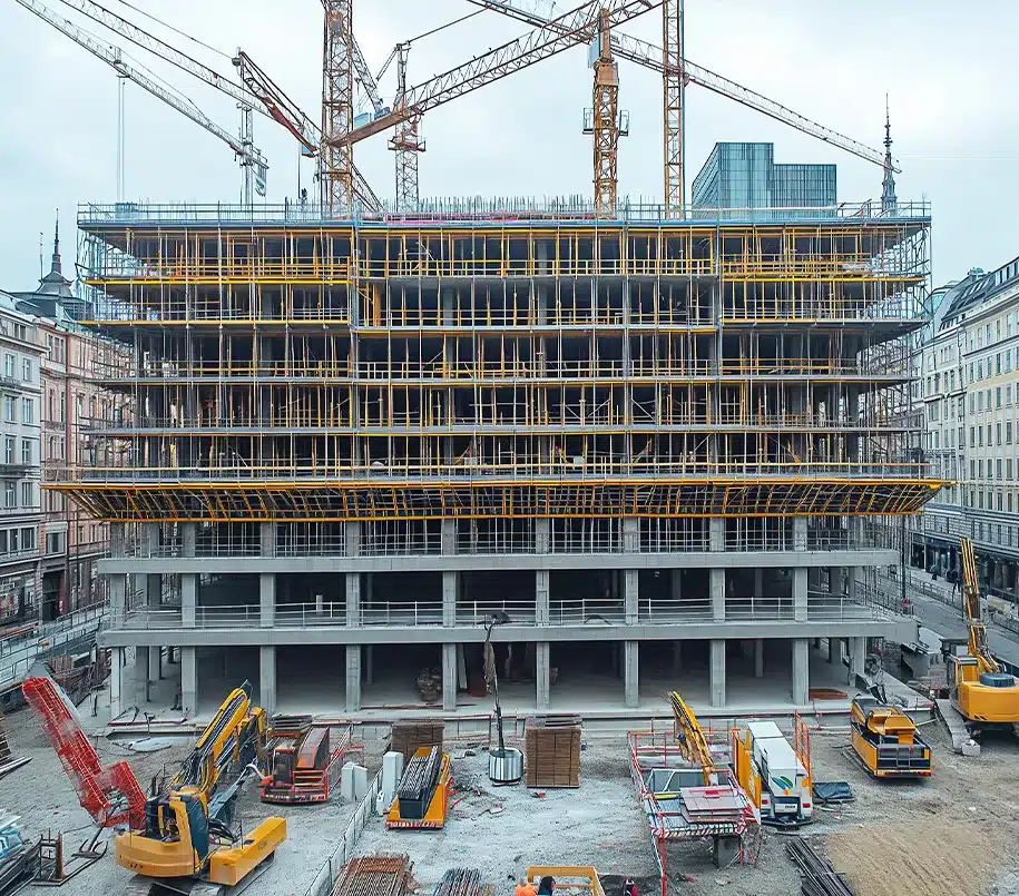 Neubau eines Gebäudes und Baufahrzeuge auf der Baustelle